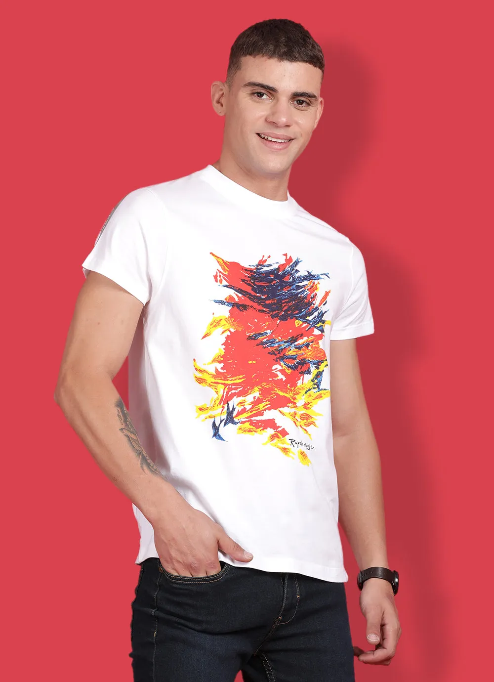 White Cotton  Round Neck Tshirt