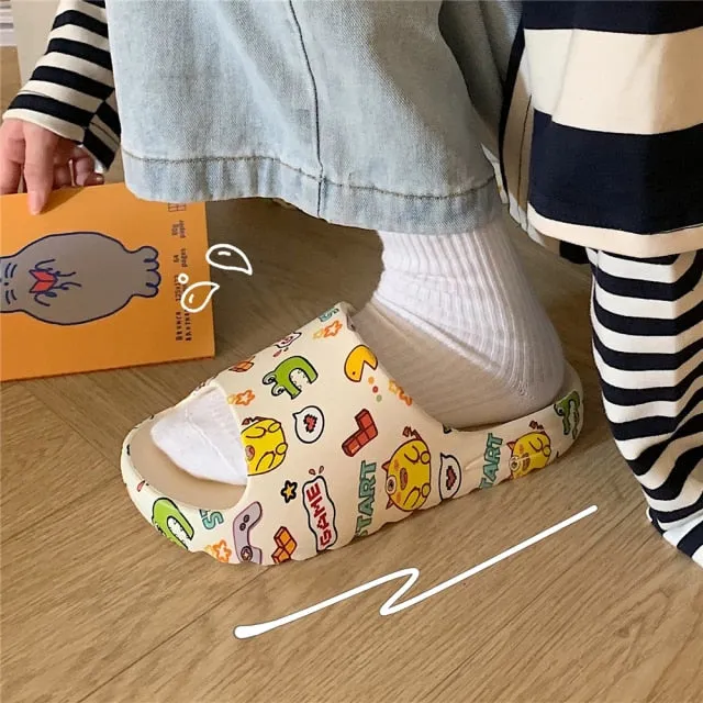 Yeknu New couple fashion adult sandals cartoon non-slip thick-soled indoor and outdoor slippers men's home sleeping shoes women's home